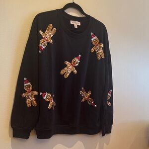 Black Sweater with Sequin Gingerbread Design
